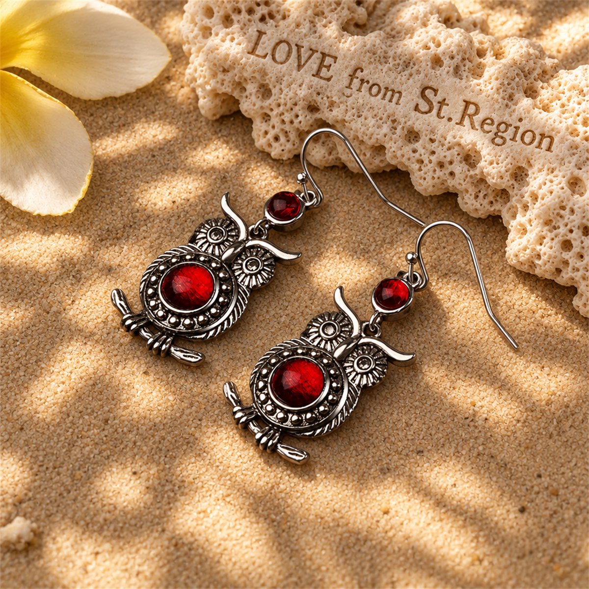 Red Crystal and Silver-Plated Owl Drop Earrings, silver drop earrings for women, elegant gift for her, lifestyle look
