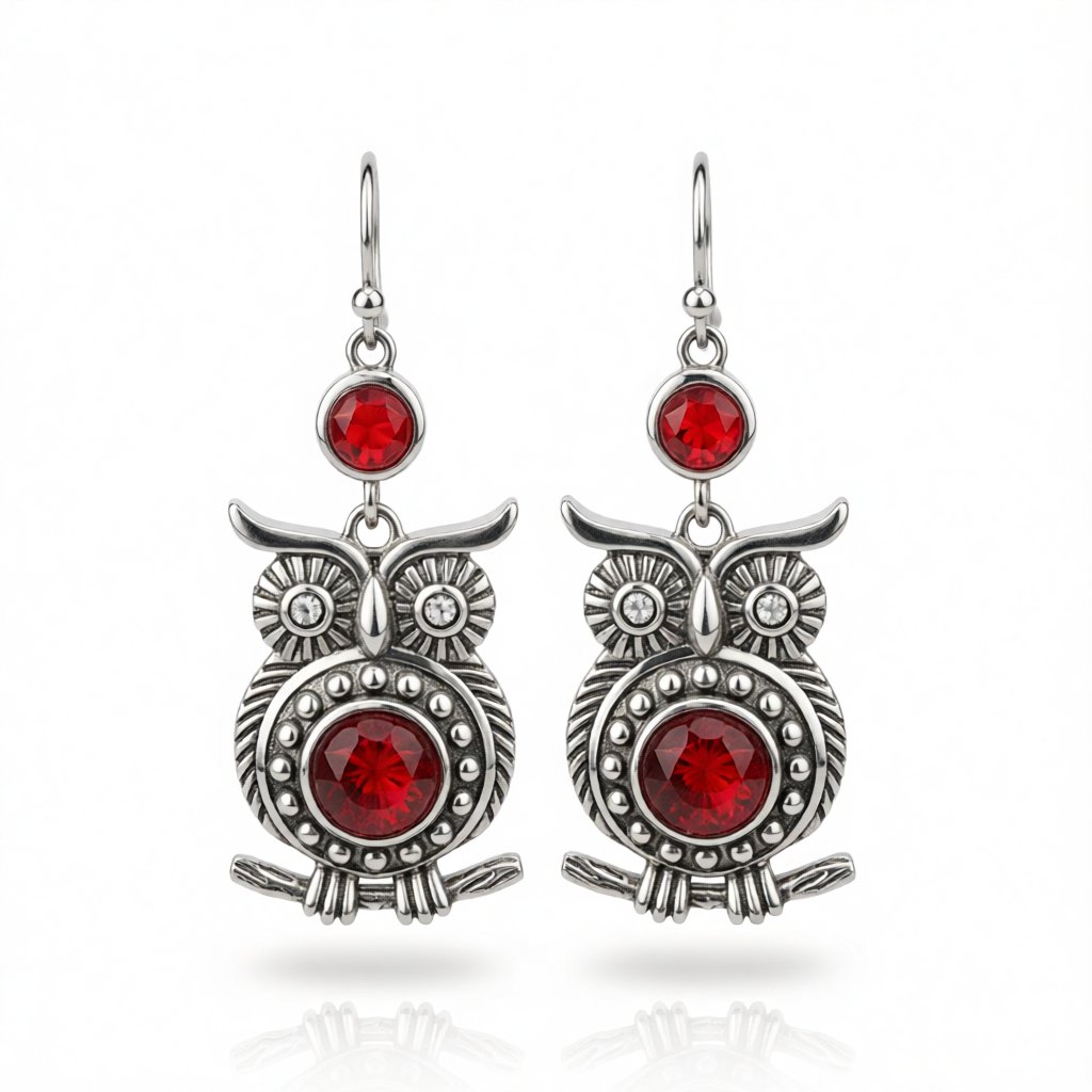 Red Crystal and Silver-Plated Owl Drop Earrings, silver drop earrings for women, elegant gift for her, side view