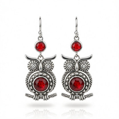 Red Crystal and Silver-Plated Owl Drop Earrings, silver drop earrings for women, elegant gift for her, side view
