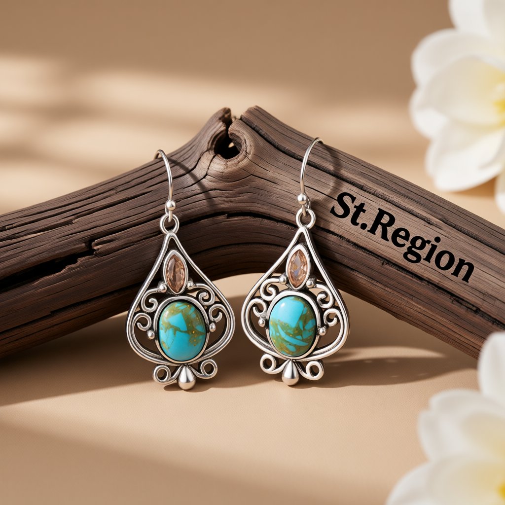 Turquoise and Silver-Plated Oval Drop Earrings, silver drop earrings for women, dainty minimalist design, front view