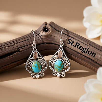 Turquoise and Silver-Plated Oval Drop Earrings, silver drop earrings for women, dainty minimalist design, front view