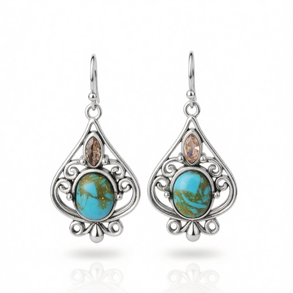Turquoise and Silver-Plated Oval Drop Earrings, silver drop earrings for women, dainty minimalist design, side view