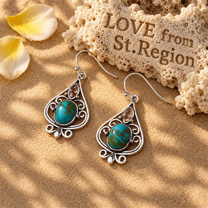 Turquoise and Silver-Plated Oval Drop Earrings, silver drop earrings for women, dainty minimalist design, lifestyle look