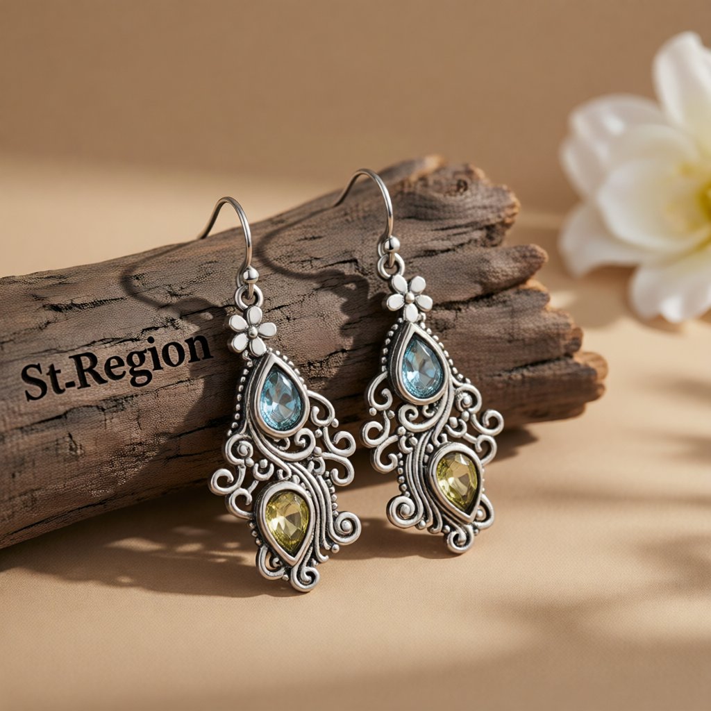 Crystal and Silver-Plated Double Pear Cut Drop Earrings, silver drop earrings for women, botanical inspired, front view