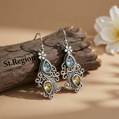 Crystal and Silver-Plated Double Pear Cut Drop Earrings, silver drop earrings for women, botanical inspired, front view