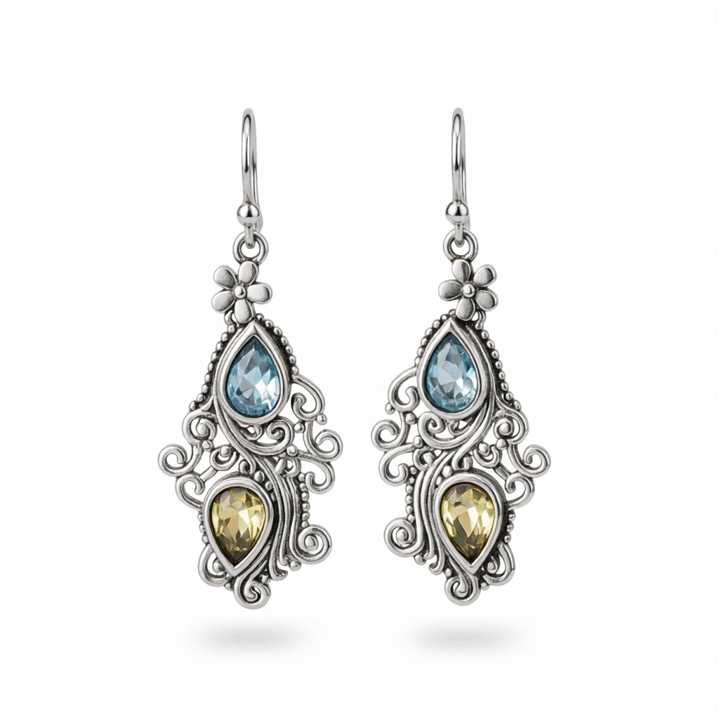 Crystal and Silver-Plated Double Pear Cut Drop Earrings, silver drop earrings for women, botanical inspired, side view