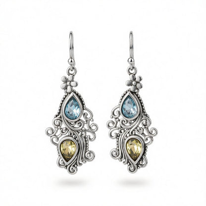 Crystal and Silver-Plated Double Pear Cut Drop Earrings, silver drop earrings for women, botanical inspired, side view