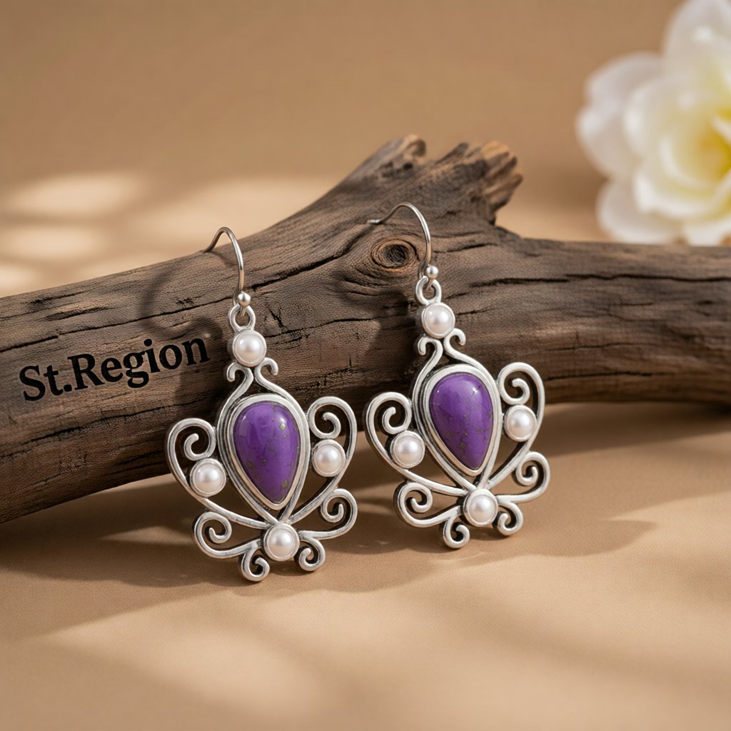 Purple Turquoise and Pearl Pear Cut Drop Earrings, drop earrings for women, vintage-inspired design, front view