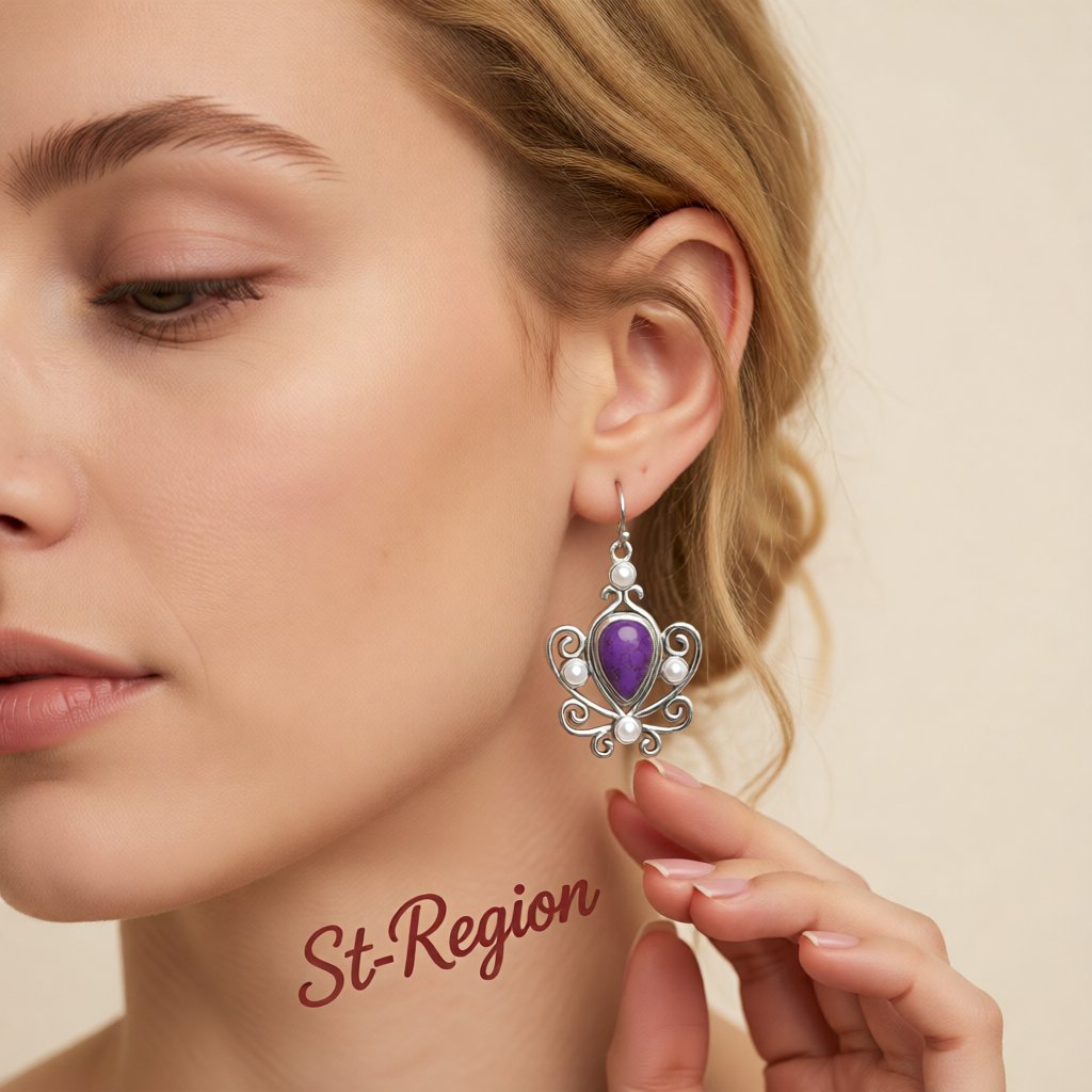 Purple Turquoise and Pearl Pear Cut Drop Earrings, drop earrings for women, vintage-inspired design, styled look