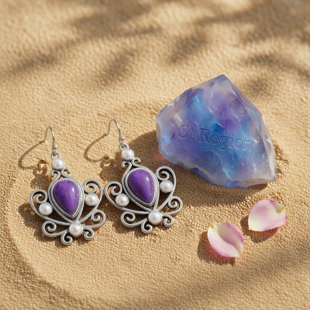 Purple Turquoise and Pearl Pear Cut Drop Earrings, drop earrings for women, vintage-inspired design, detail close-up