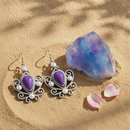 Purple Turquoise and Pearl Pear Cut Drop Earrings, drop earrings for women, vintage-inspired design, detail close-up
