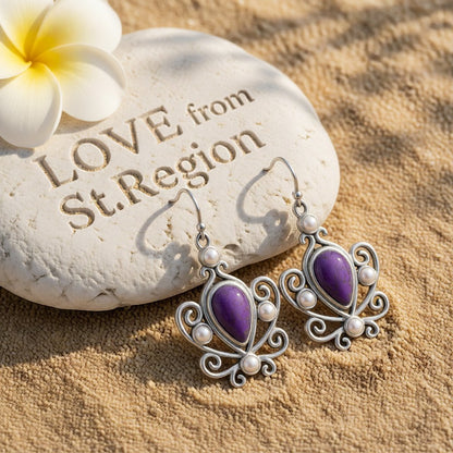 Purple Turquoise and Pearl Pear Cut Drop Earrings, drop earrings for women, vintage-inspired design, lifestyle look