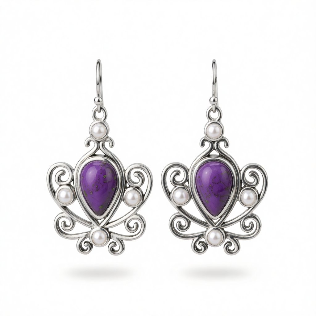 Purple Turquoise and Pearl Pear Cut Drop Earrings, drop earrings for women, vintage-inspired design, side view
