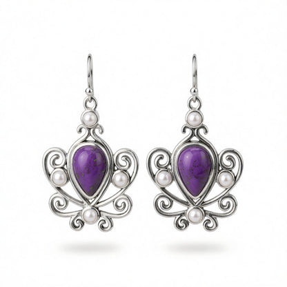 Purple Turquoise and Pearl Pear Cut Drop Earrings, drop earrings for women, vintage-inspired design, side view
