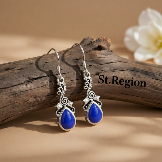 Blue Resin and Cubic Zirconia Filigree Drop Earrings, drop earrings for women, botanical inspired, front view