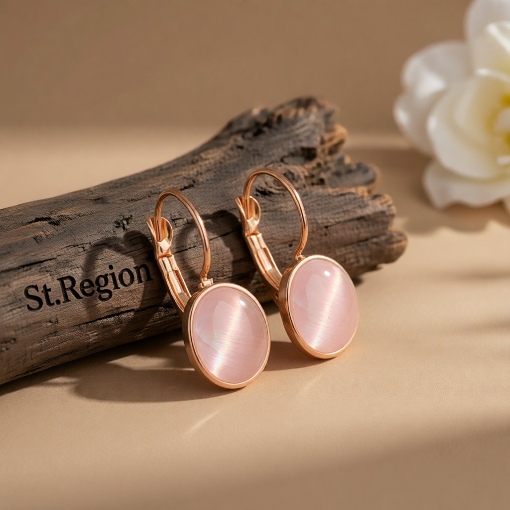 Cat's Eye and 18K Rose Gold-Plated Lever-Back Earrings, rose gold huggie earrings, vintage-inspired design, front view