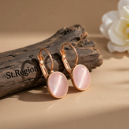 Cat's Eye and 18K Rose Gold-Plated Lever-Back Earrings, rose gold huggie earrings, vintage-inspired design, front view