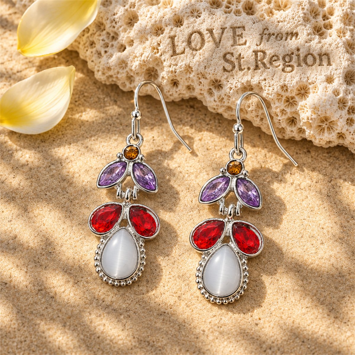 Red and Purple Crystal and Cat's Eye Teardrop Earrings, drop earrings for women, vintage-inspired design, lifestyle look