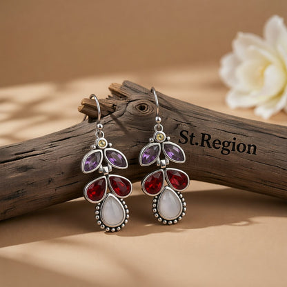 Red and Purple Crystal and Cat's Eye Teardrop Earrings, drop earrings for women, vintage-inspired design, front view