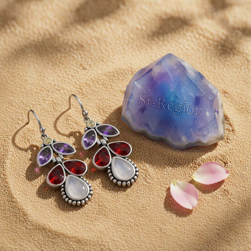 Red and Purple Crystal and Cat's Eye Teardrop Earrings, drop earrings for women, vintage-inspired design, detail close-up