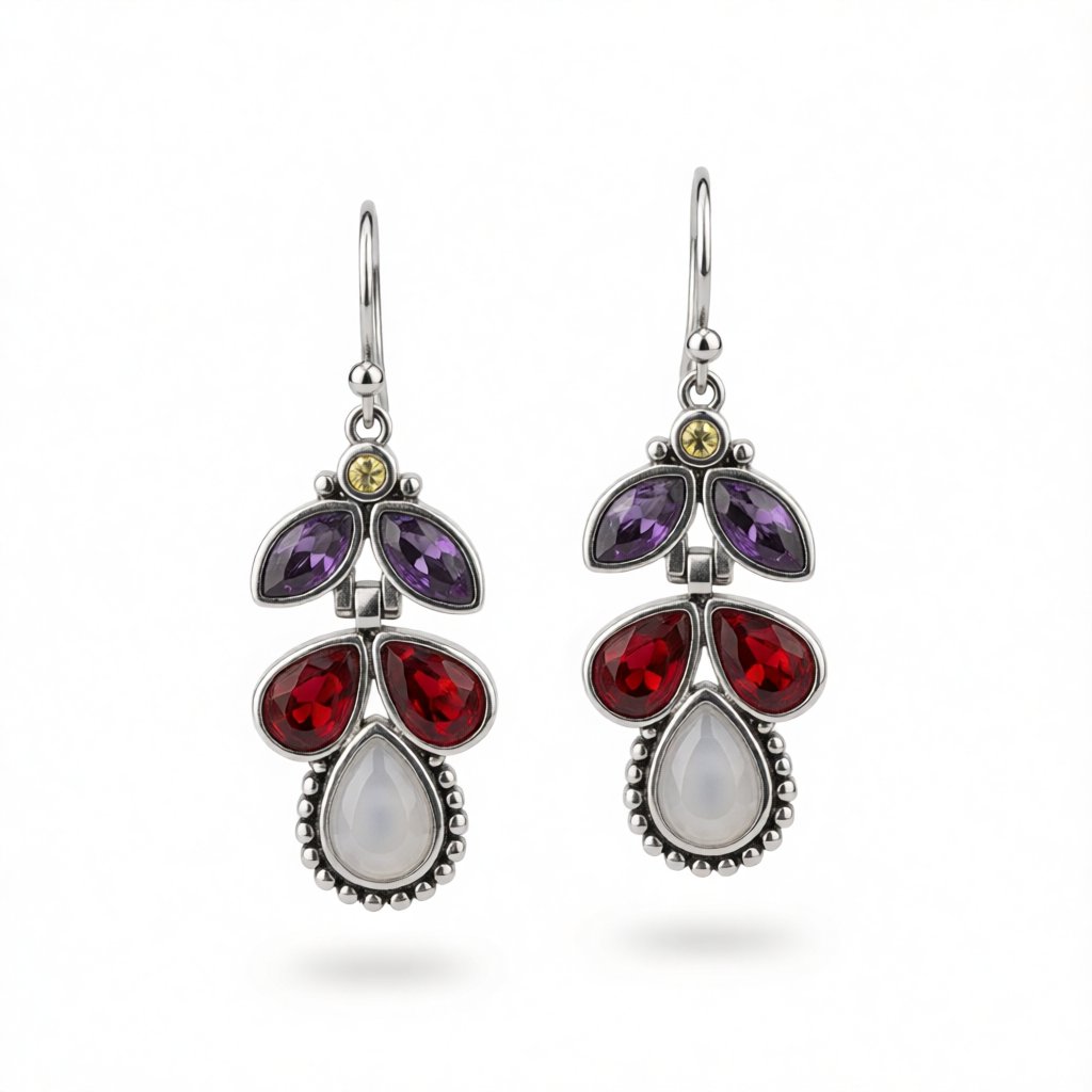 Red and Purple Crystal and Cat's Eye Teardrop Earrings, drop earrings for women, vintage-inspired design, side view