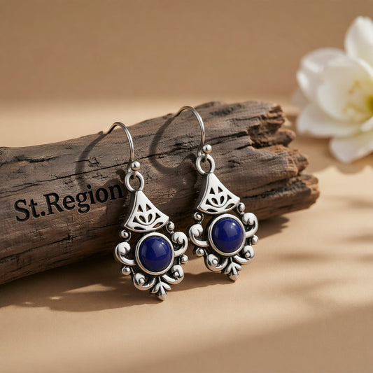 Retro Blue Crystal and Silver-Plated Filigree Drop Earrings, silver drop earrings for women, everyday style, front view