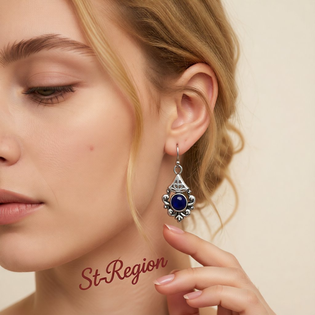 Retro Blue Crystal and Silver-Plated Filigree Drop Earrings, silver drop earrings for women, everyday style, styled look