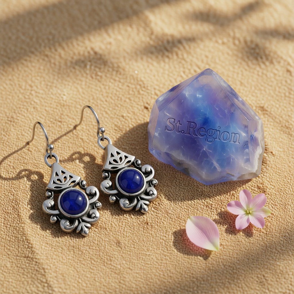 Retro Blue Crystal and Silver-Plated Filigree Drop Earrings, silver drop earrings for women, everyday style, detail close-up