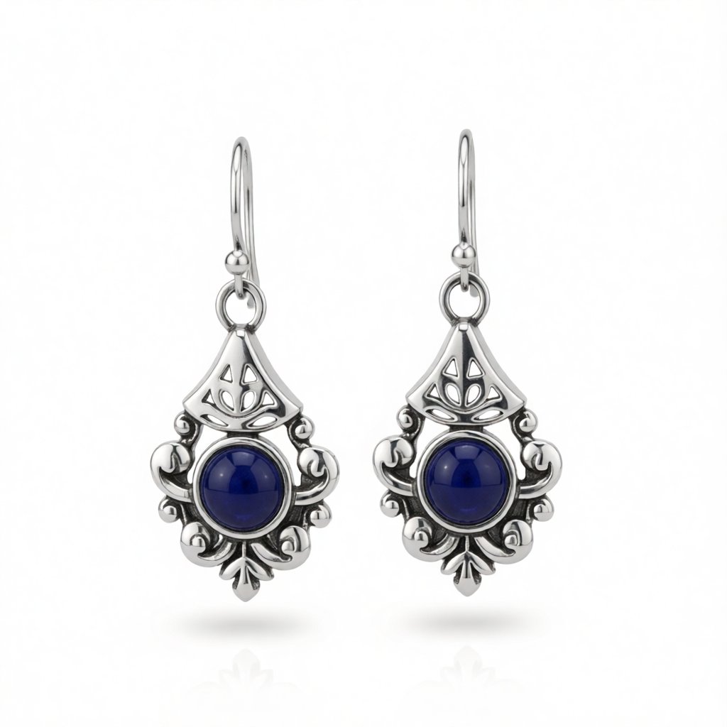 Retro Blue Crystal and Silver-Plated Filigree Drop Earrings, silver drop earrings for women, everyday style, side view