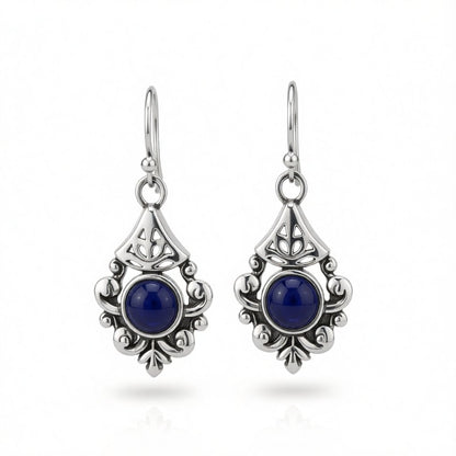 Retro Blue Crystal and Silver-Plated Filigree Drop Earrings, silver drop earrings for women, everyday style, side view