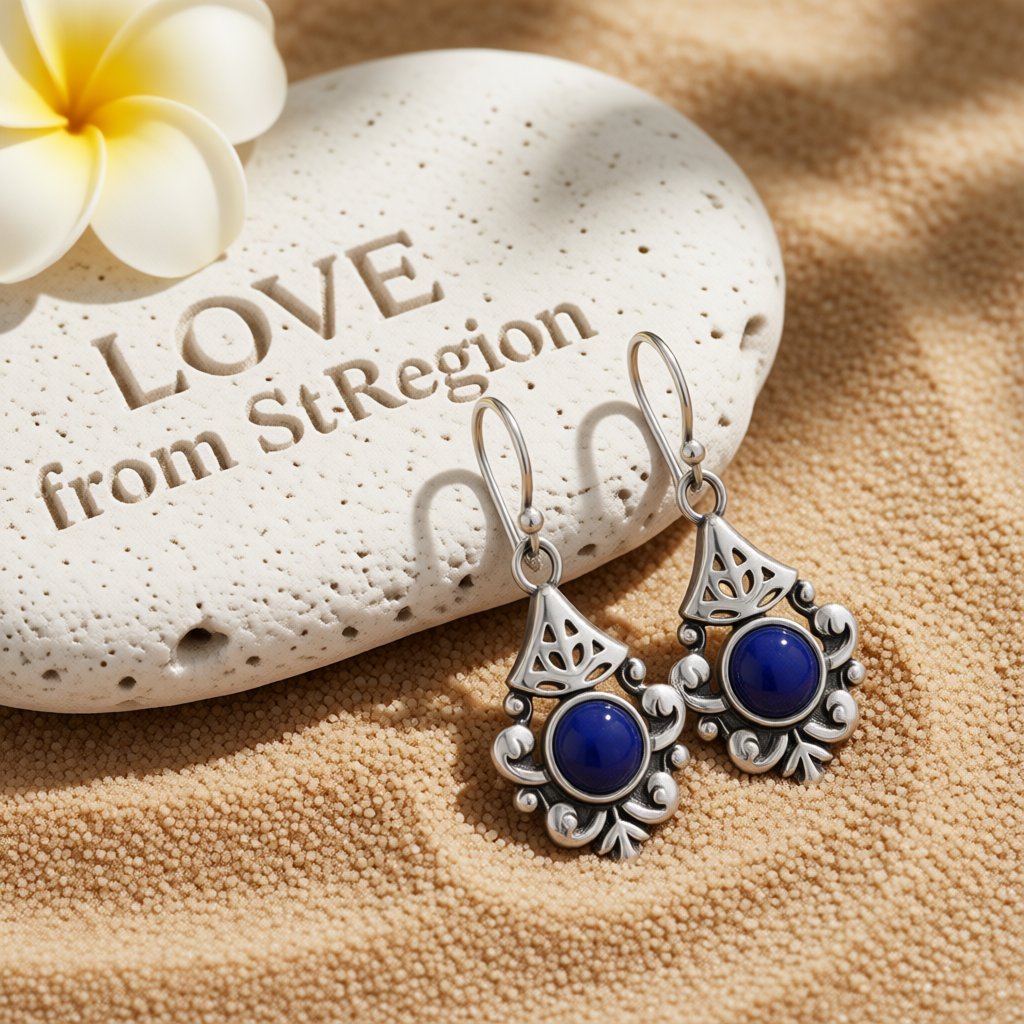 Retro Blue Crystal and Silver-Plated Filigree Drop Earrings, silver drop earrings for women, everyday style, lifestyle look
