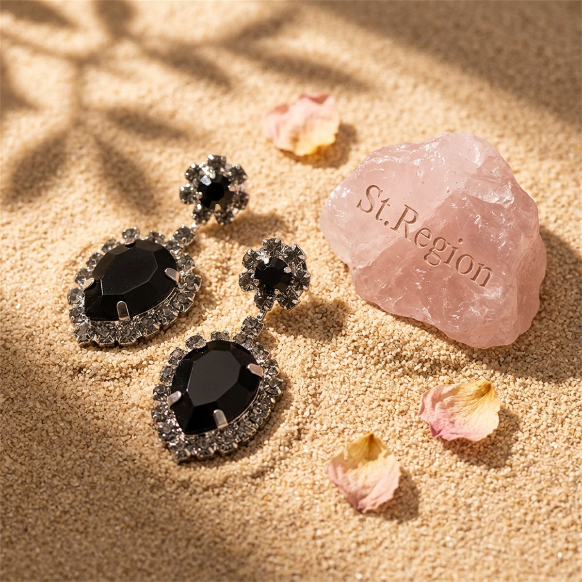 Black and Cubic Zirconia Round Pear Drop Earrings, drop earrings for women, botanical inspired, detail close-up