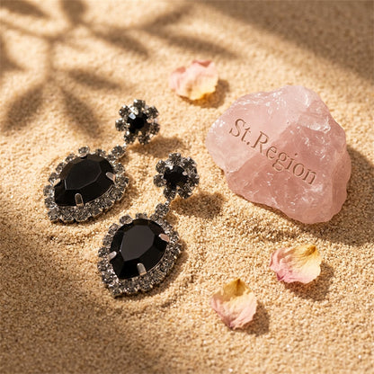Black and Cubic Zirconia Round Pear Drop Earrings, drop earrings for women, botanical inspired, detail close-up
