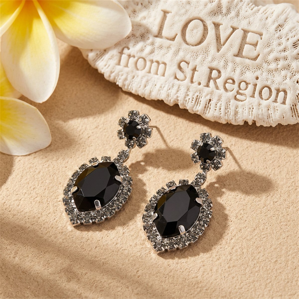 Black and Cubic Zirconia Round Pear Drop Earrings, drop earrings for women, botanical inspired, lifestyle look