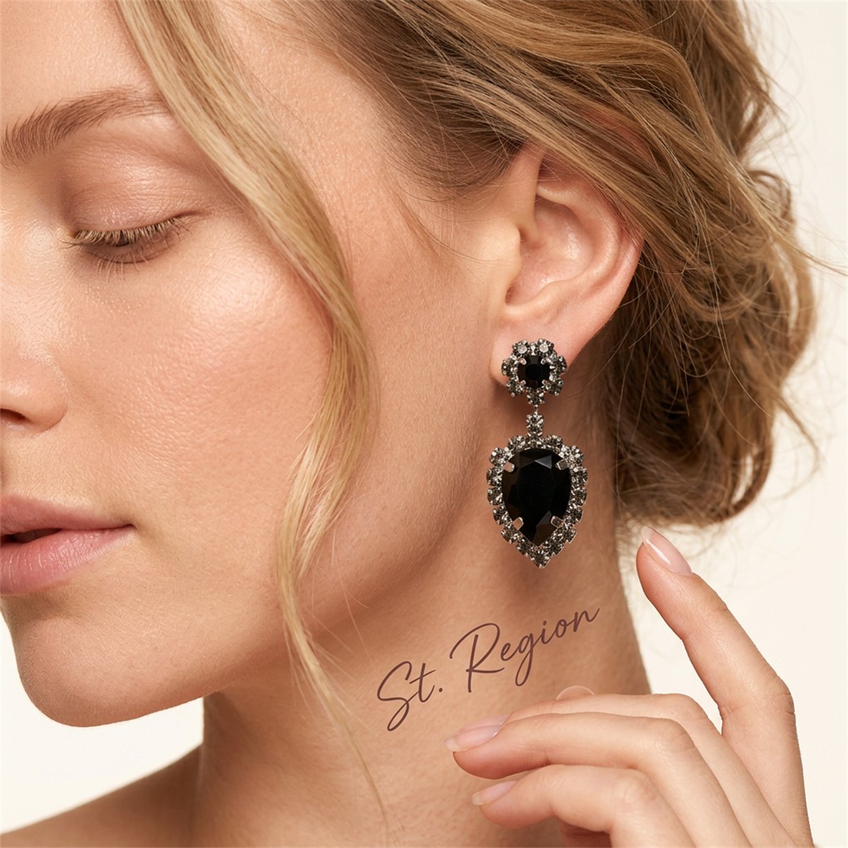 Black and Cubic Zirconia Round Pear Drop Earrings, drop earrings for women, botanical inspired, styled look