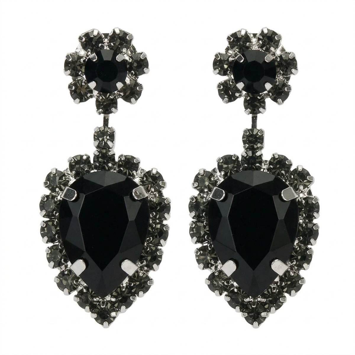 Black and Cubic Zirconia Round Pear Drop Earrings, drop earrings for women, botanical inspired, side view