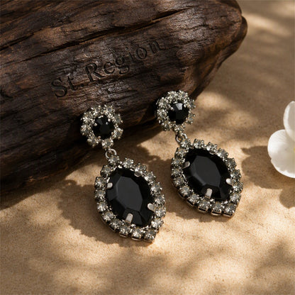 Black and Cubic Zirconia Round Pear Drop Earrings, drop earrings for women, botanical inspired, front view