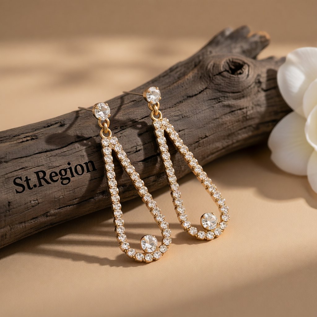 Cubic Zirconia and 18K Gold-Plated Open Teardrop Earrings, gold drop earrings for women, dainty minimalist design, front view