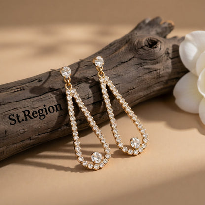 Cubic Zirconia and 18K Gold-Plated Open Teardrop Earrings, gold drop earrings for women, dainty minimalist design, front view