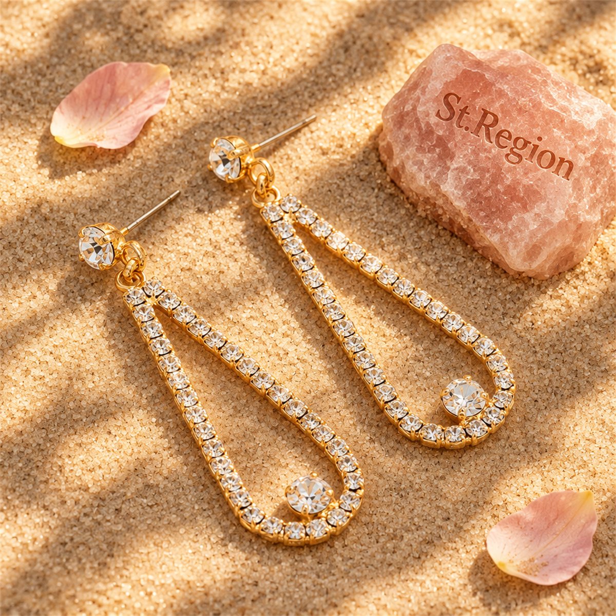 Cubic Zirconia and 18K Gold-Plated Open Teardrop Earrings, gold drop earrings for women, detail close-up