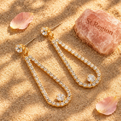 Cubic Zirconia and 18K Gold-Plated Open Teardrop Earrings, gold drop earrings for women, detail close-up
