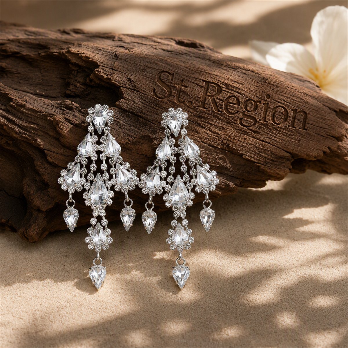 Cubic Zirconia and Silver-Plated Tiered Tassel Drop Earrings, silver drop earrings for women, front view