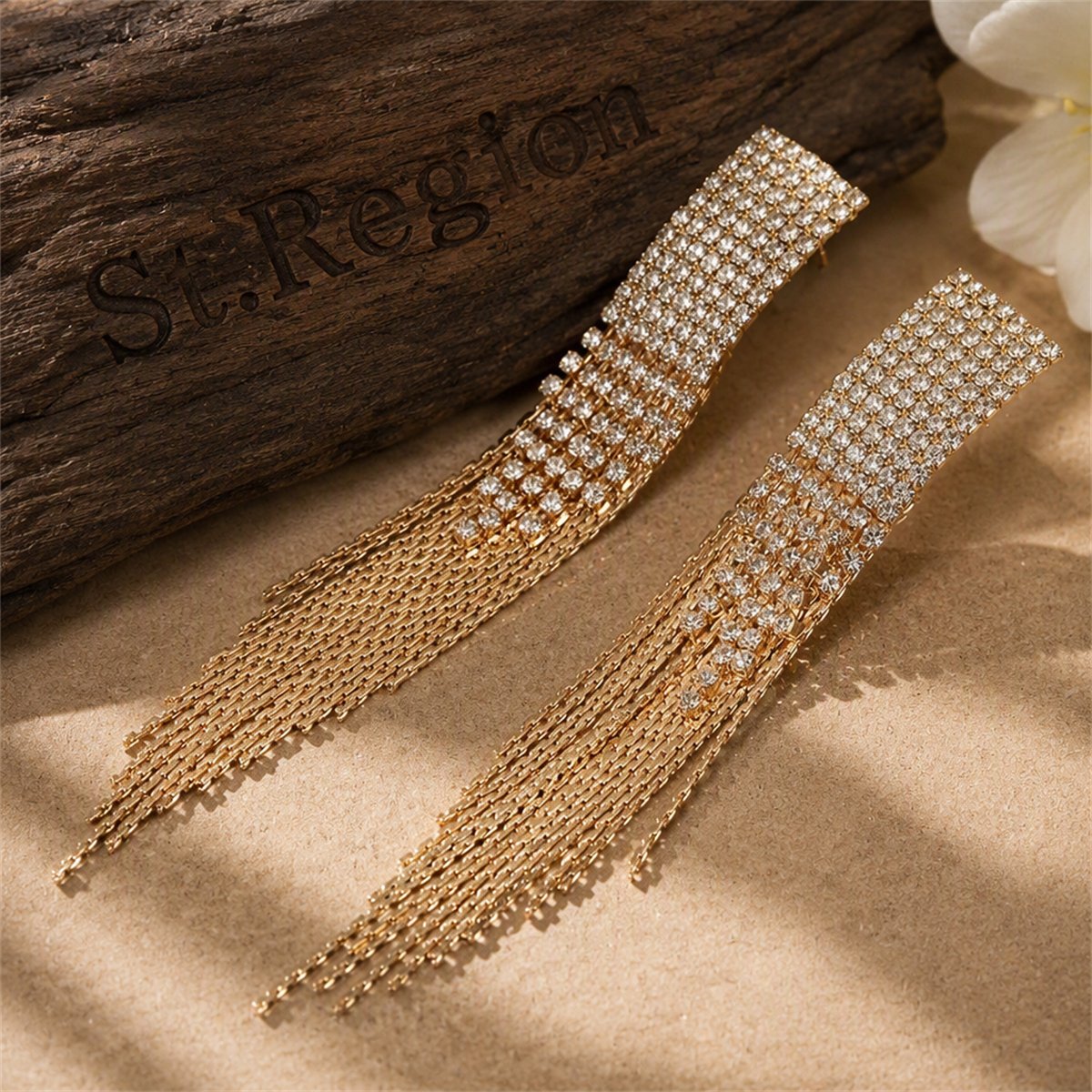 Cubic Zirconia and 18K Gold-Plated Pavé Tassel Drop Earrings, gold drop earrings for women, botanical inspired, front view