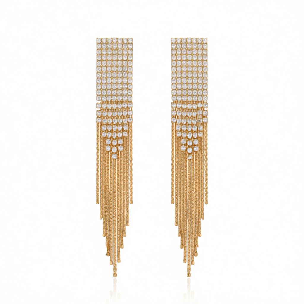Cubic Zirconia and 18K Gold-Plated Pavé Tassel Drop Earrings, gold drop earrings for women, botanical inspired, side view