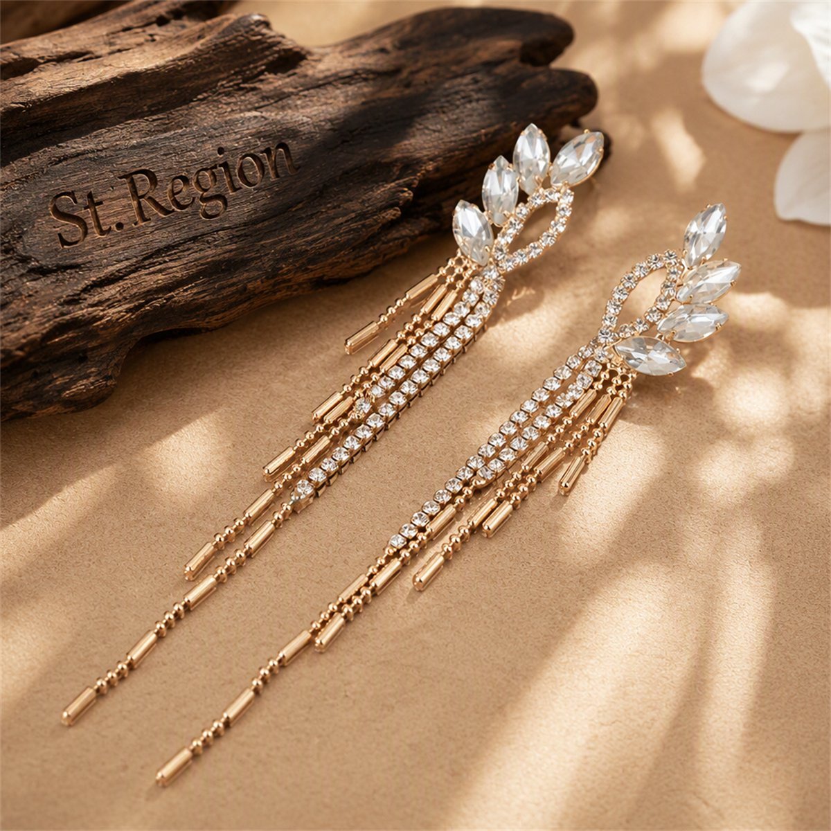 Crystal and Cubic Zirconia Bar Tassel Drop Earrings, drop earrings for women, dainty minimalist design, front view