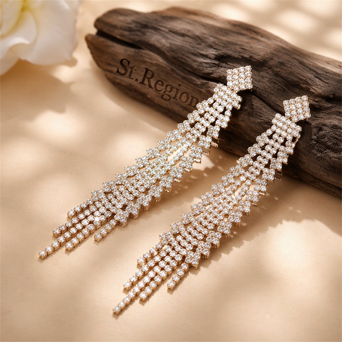 Cubic Zirconia and 18K Gold-Plated Tassel Pavé Drop Earrings, gold drop earrings for women, botanical inspired, front view