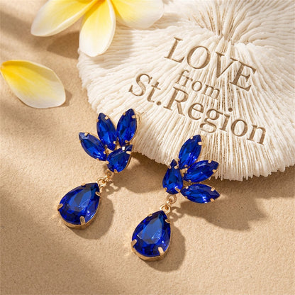 Blue Crystal and 18K Gold-Plated Marquise Pear Drop Earrings, gold drop earrings for women, lifestyle look