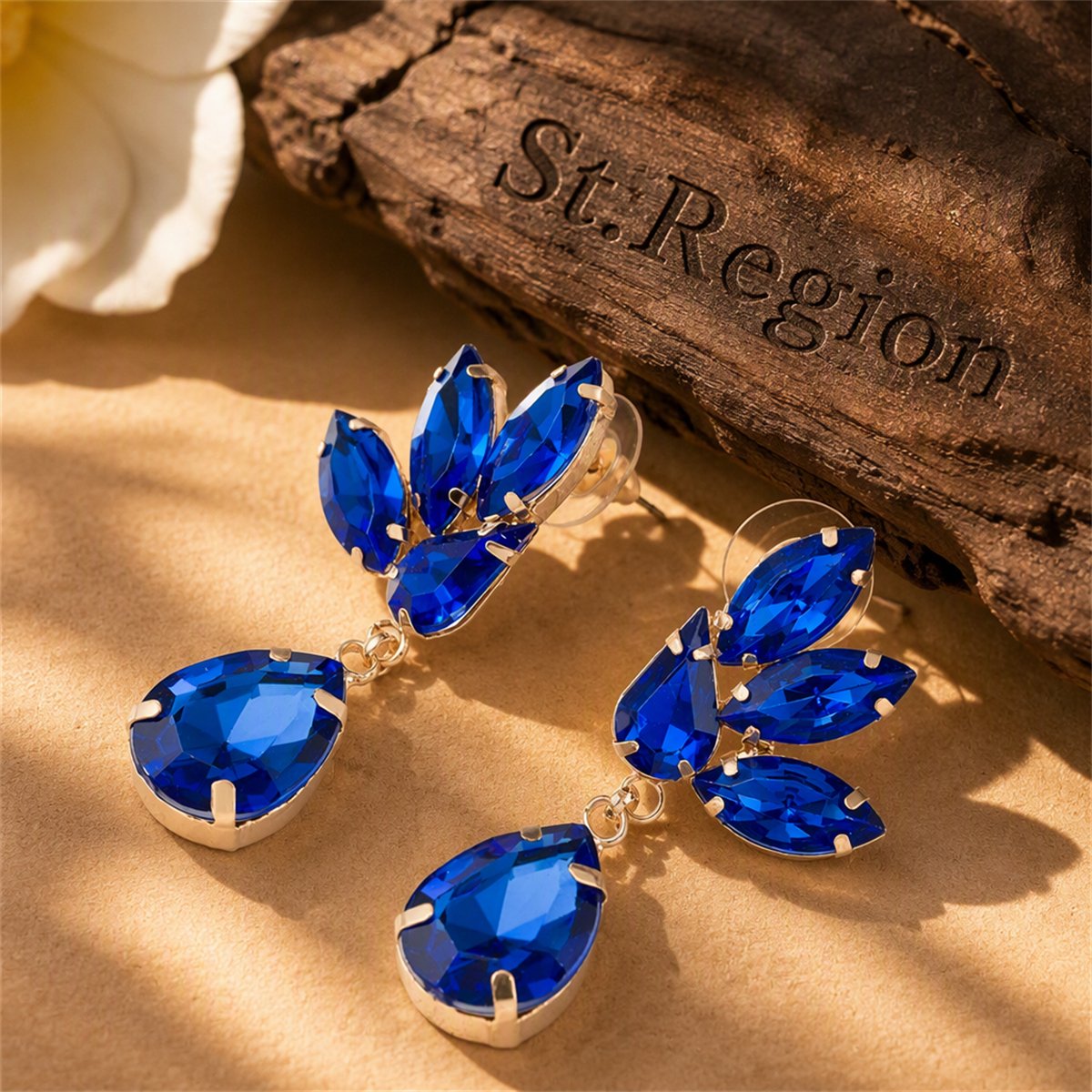 Blue Crystal and 18K Gold-Plated Marquise Pear Drop Earrings, gold drop earrings for women, botanical inspired, front view