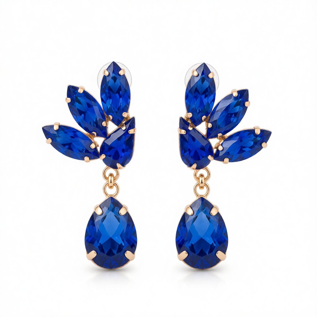 Blue Crystal and 18K Gold-Plated Marquise Pear Drop Earrings, gold drop earrings for women, botanical inspired, side view
