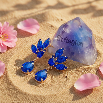 Blue Crystal and 18K Gold-Plated Marquise Pear Drop Earrings, gold drop earrings for women, detail close-up